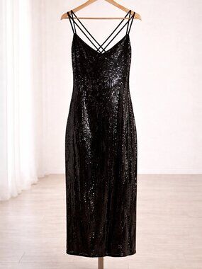 Express Black Sequin Midi Dress Size Large | Strappy Back | Glam Night Out